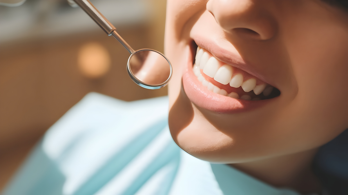 Patient undergoing comfortable modern dental examination with dental mirror