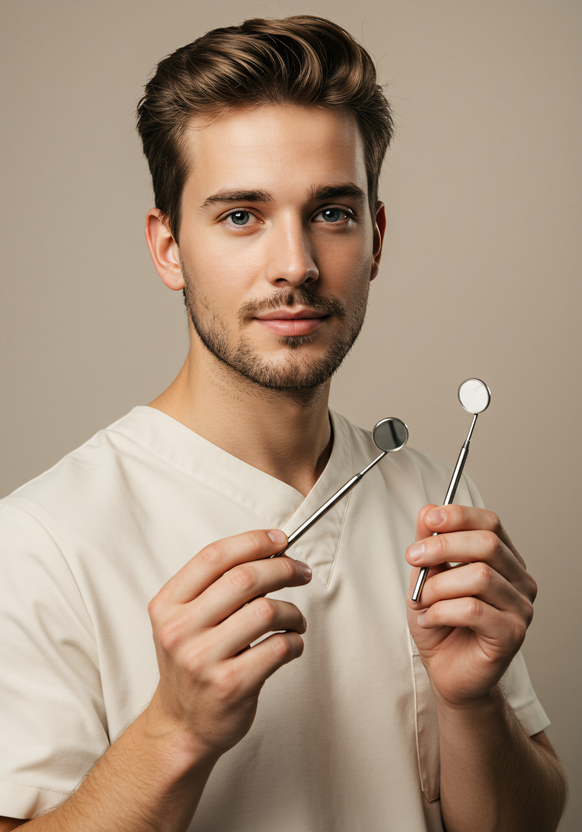 Dentist portrait holding dental mirrors